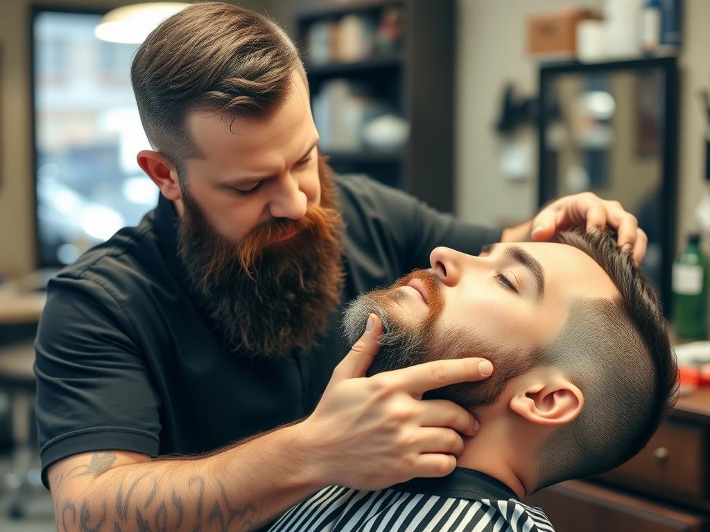 beard and mustache trimming in a barbershopфото