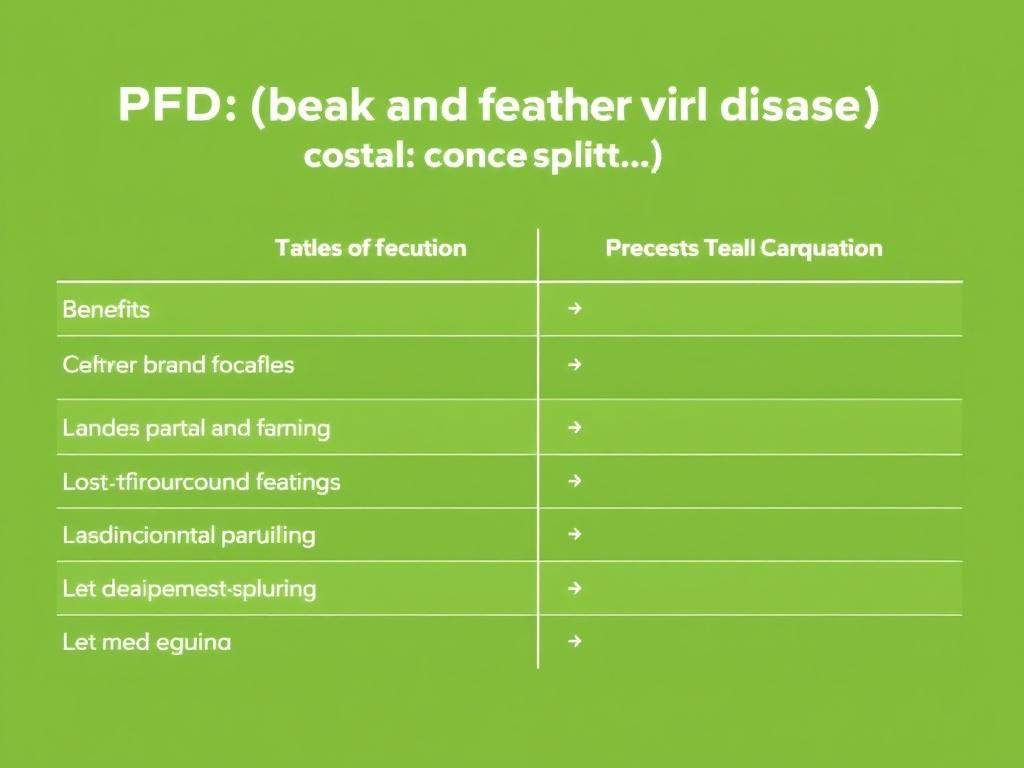     PBFD (Schnabel- und Federkrankheit): Eine unheilbare Viruskrankheit. Tabla: Comparación de medidas de bioseguridad (prácticas y beneficios)